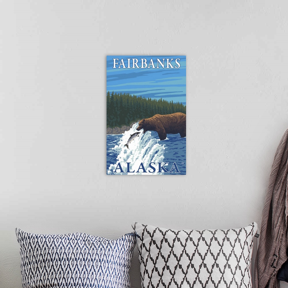 A bohemian room featuring Bear Fishing in River - Fairbanks, Alaska: Retro Travel Poster