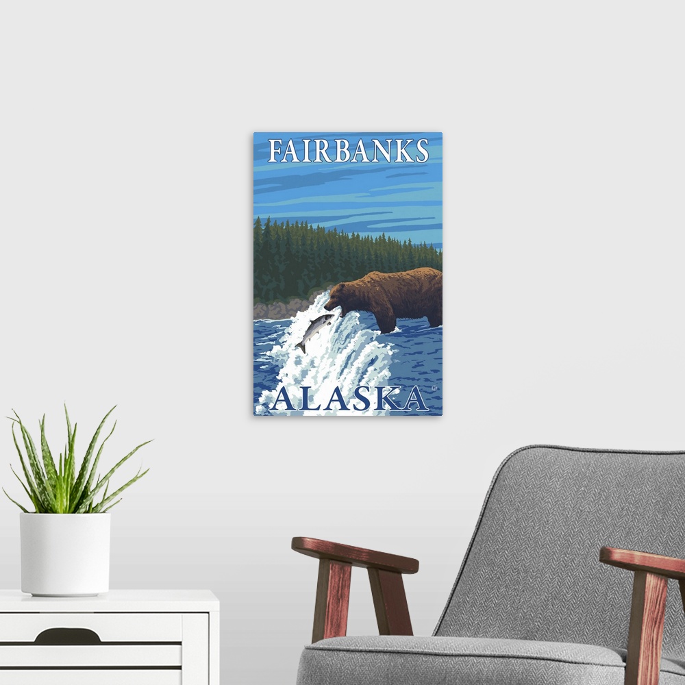 A modern room featuring Bear Fishing in River - Fairbanks, Alaska: Retro Travel Poster