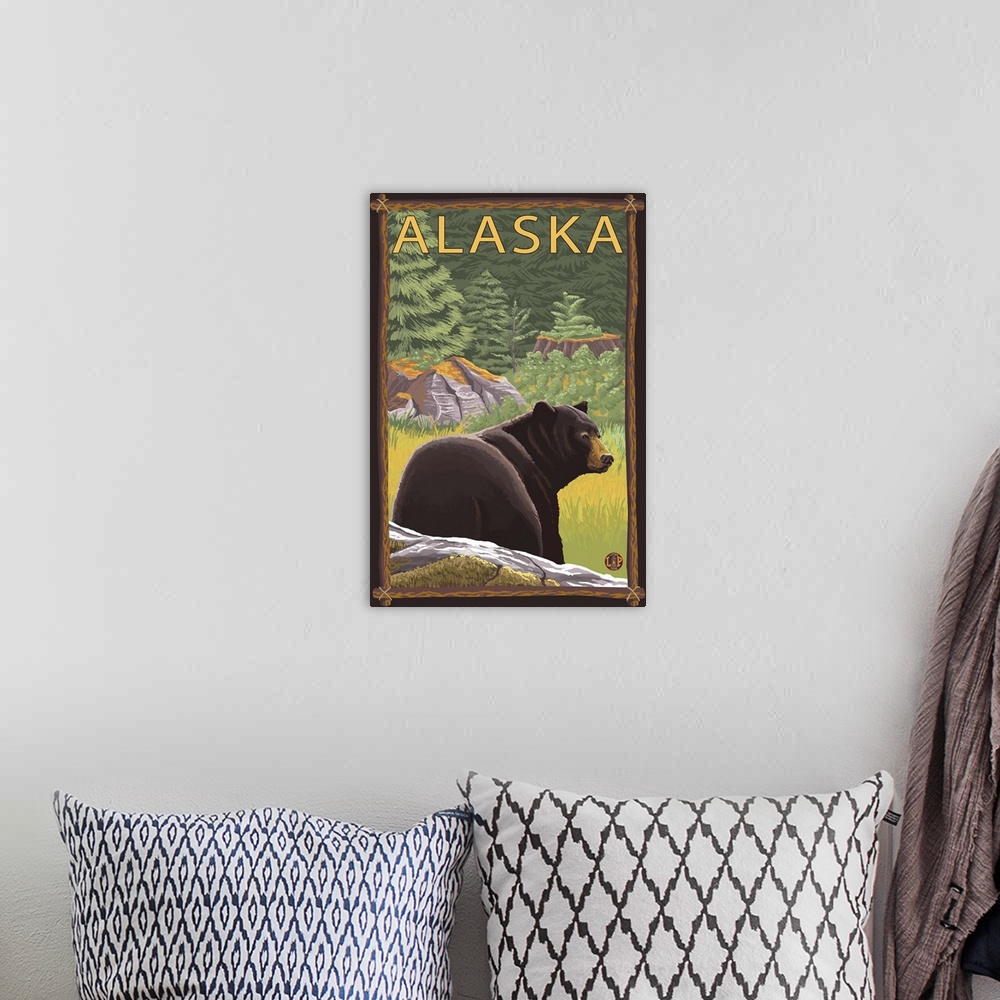 A bohemian room featuring Bear in Forest - Alaska: Retro Travel Poster