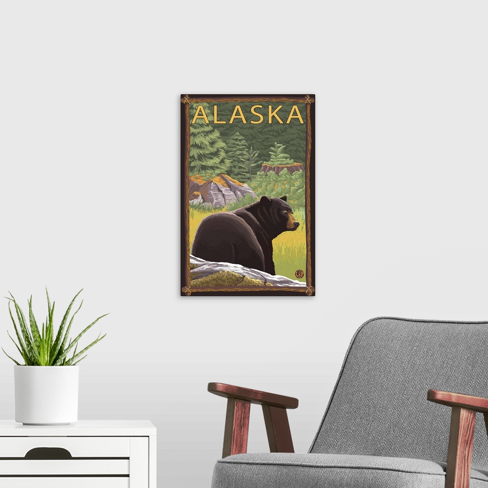 A modern room featuring Bear in Forest - Alaska: Retro Travel Poster