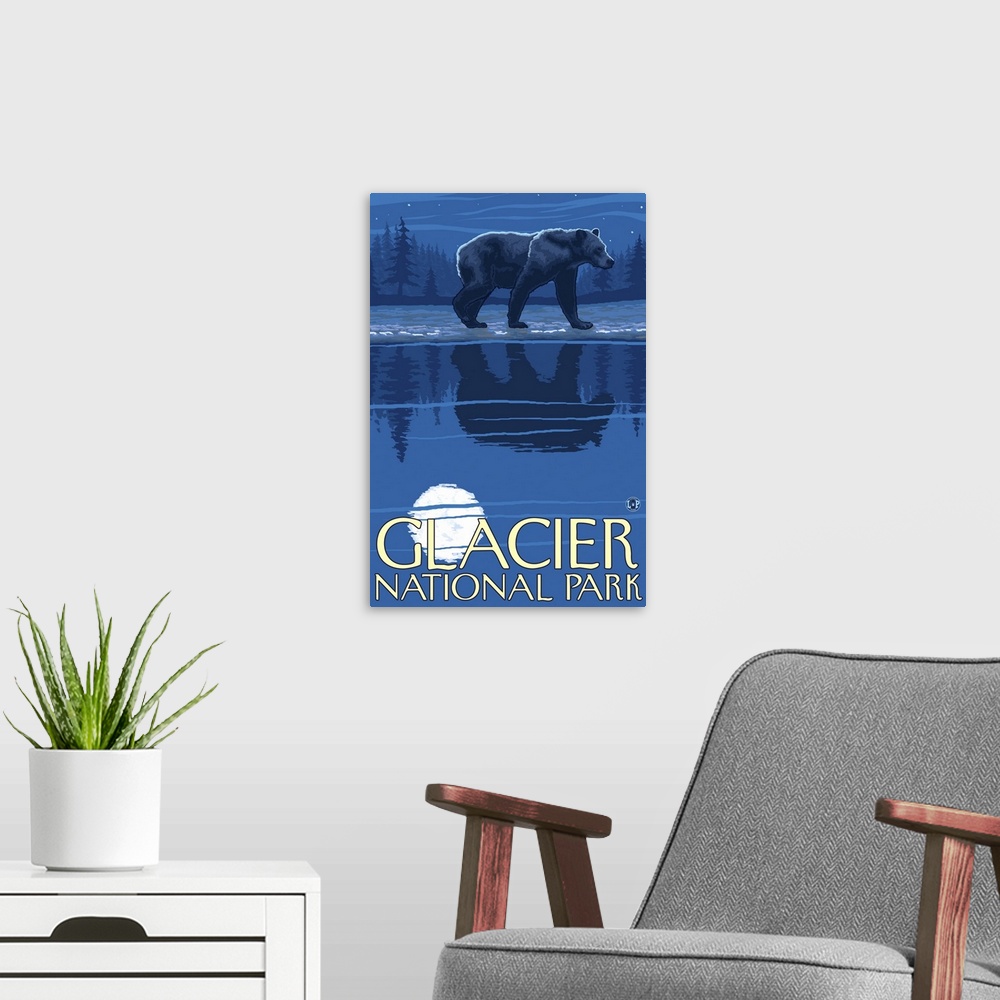 A modern room featuring Bear in Moonlight - Glacier National Park, Montana: Retro Travel Poster
