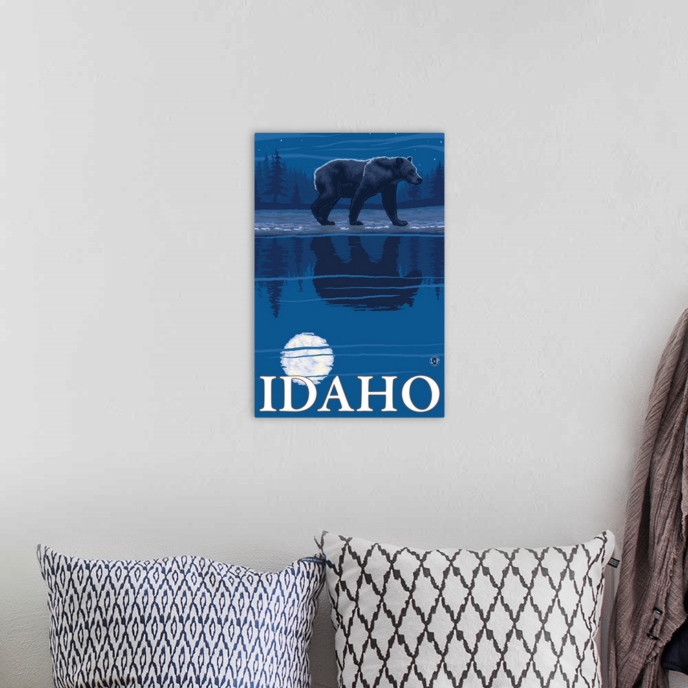 A bohemian room featuring Bear in Moonlight - Idaho: Retro Travel Poster