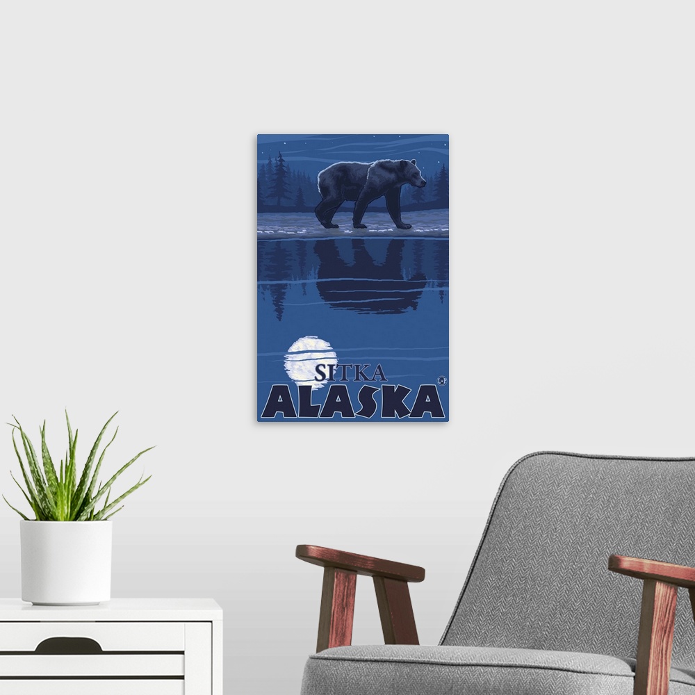 A modern room featuring Bear in Moonlight - Sitka, Alaska: Retro Travel Poster