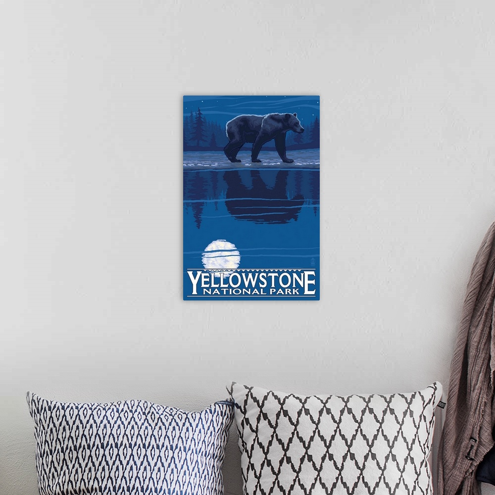 A bohemian room featuring Bear in Moonlight - Yellowstone National Park: Retro Travel Poster