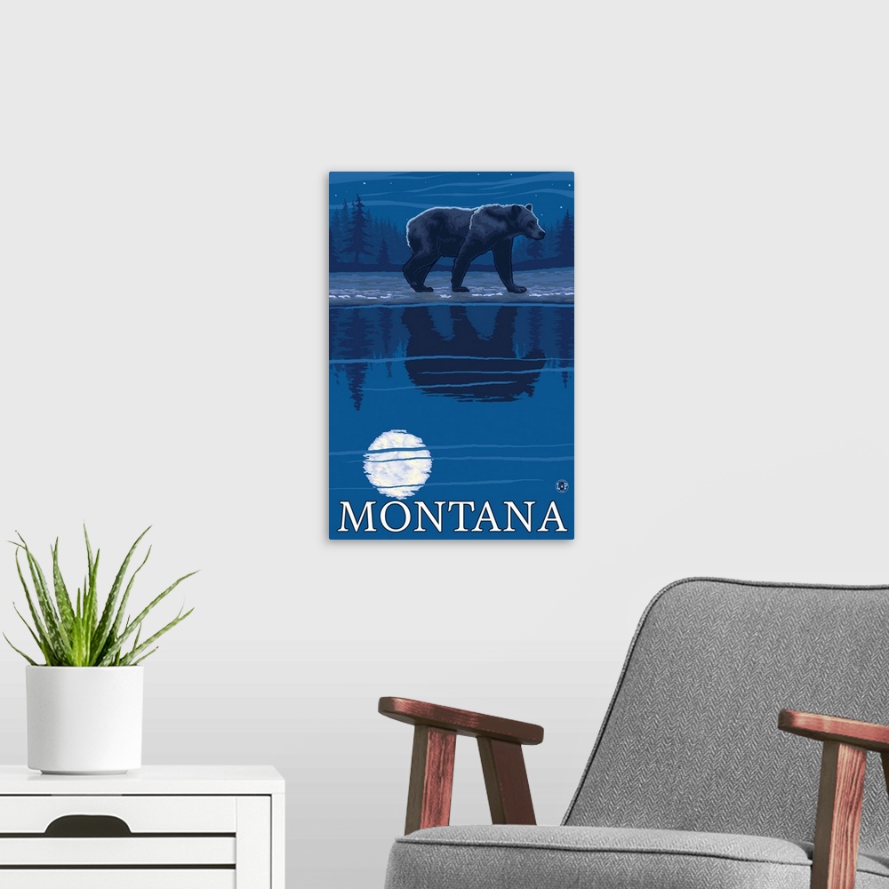 A modern room featuring Bear with Moonlight - Montana: Retro Travel Poster