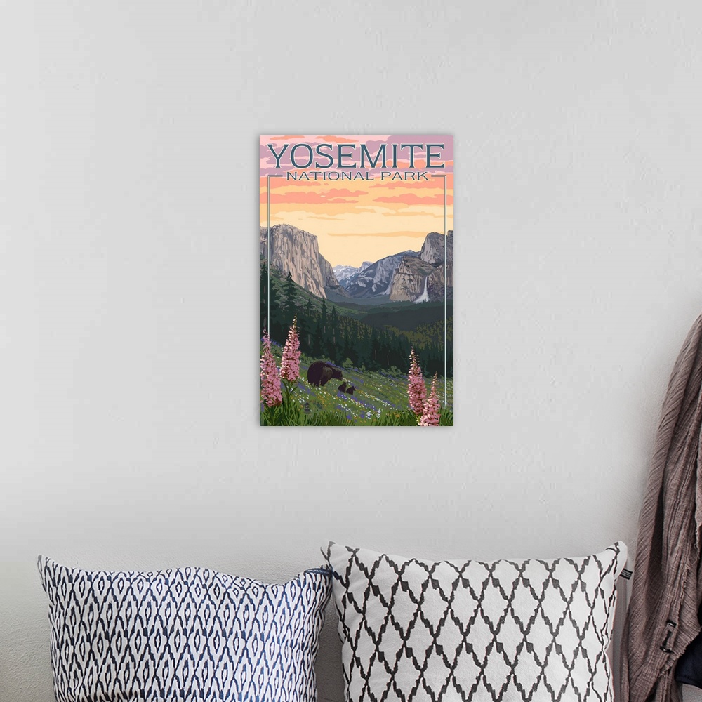 A bohemian room featuring Bears and Spring Flowers - Yosemite National Park, California: Retro Travel Poster
