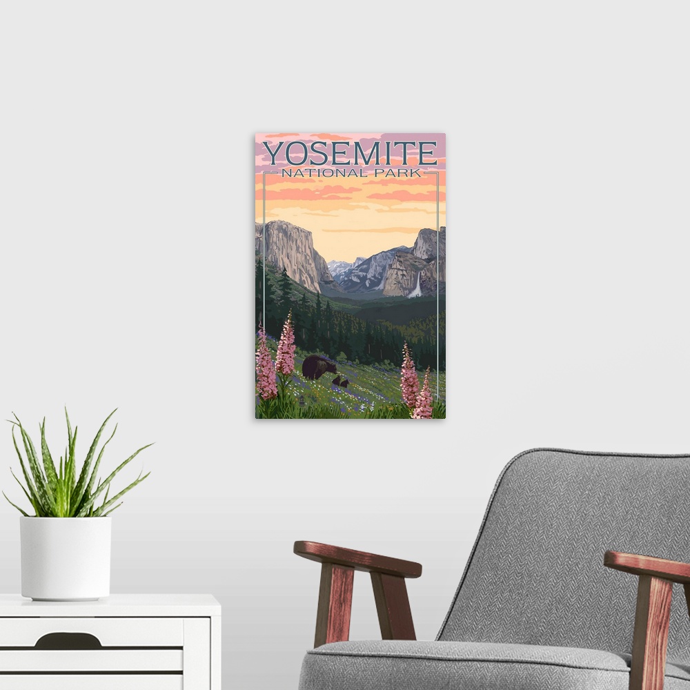 A modern room featuring Bears and Spring Flowers - Yosemite National Park, California: Retro Travel Poster