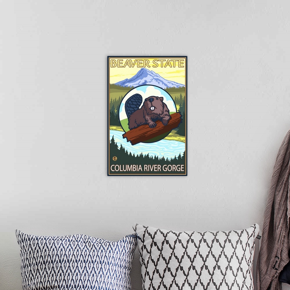 A bohemian room featuring Beaver and Mt. Hood - Columbia River Gorge, Oregon: Retro Travel Poster