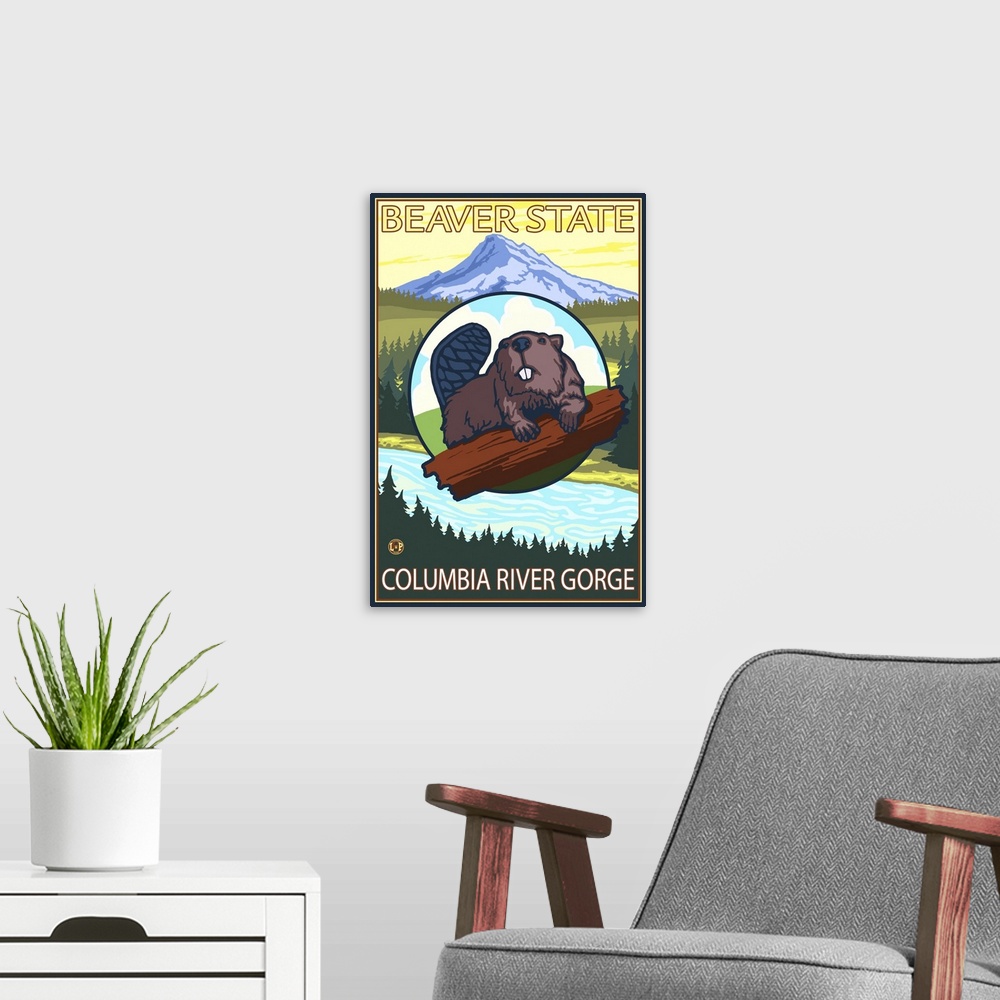 A modern room featuring Beaver and Mt. Hood - Columbia River Gorge, Oregon: Retro Travel Poster