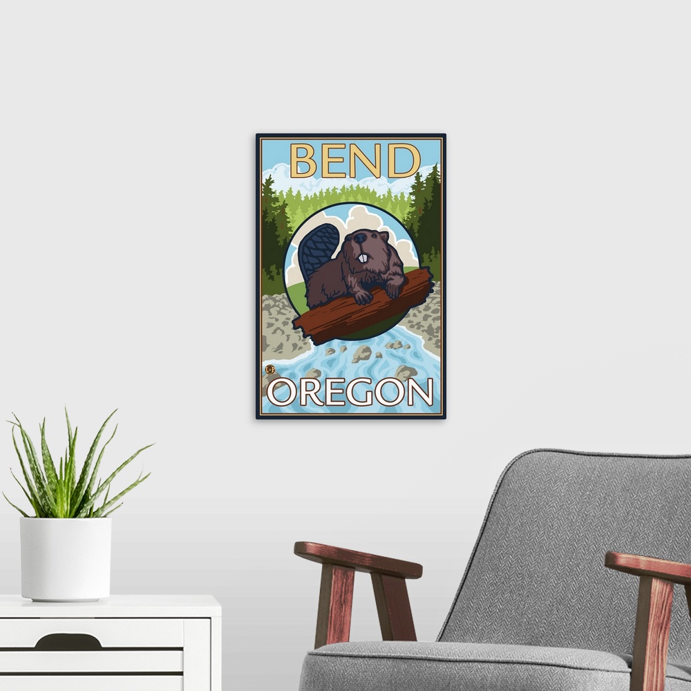 A modern room featuring Beaver and River - Bend, Oregon: Retro Travel Poster