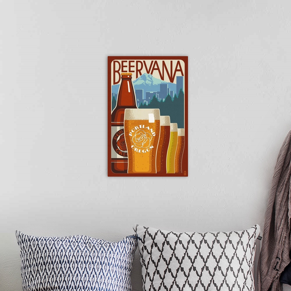 A bohemian room featuring Retro stylized art poster of pint glasses in a row of filled with different types of beer in fron...