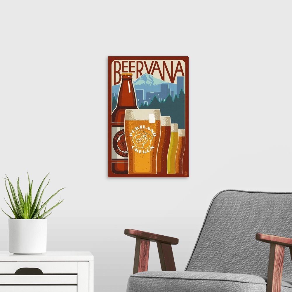 A modern room featuring Retro stylized art poster of pint glasses in a row of filled with different types of beer in fron...