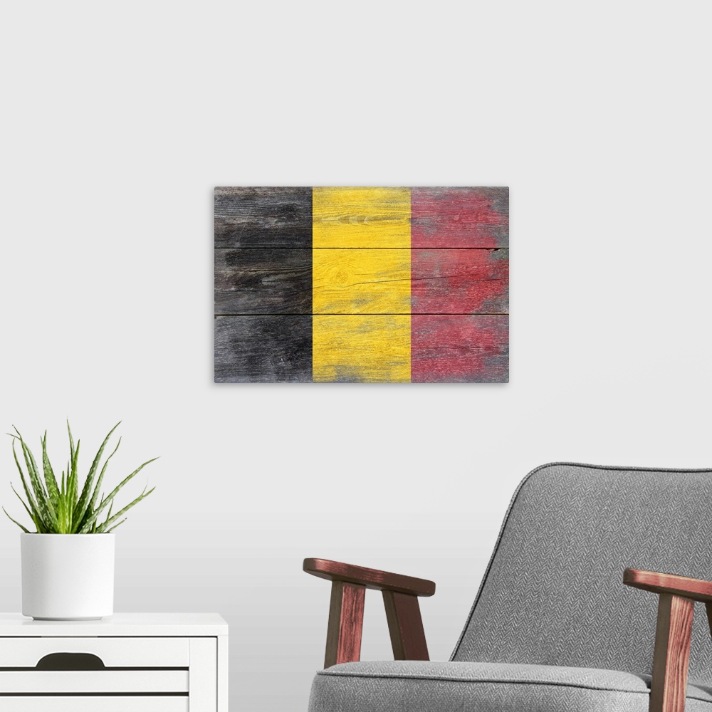 A modern room featuring The flag of Belgium with a weathered wooden board effect.