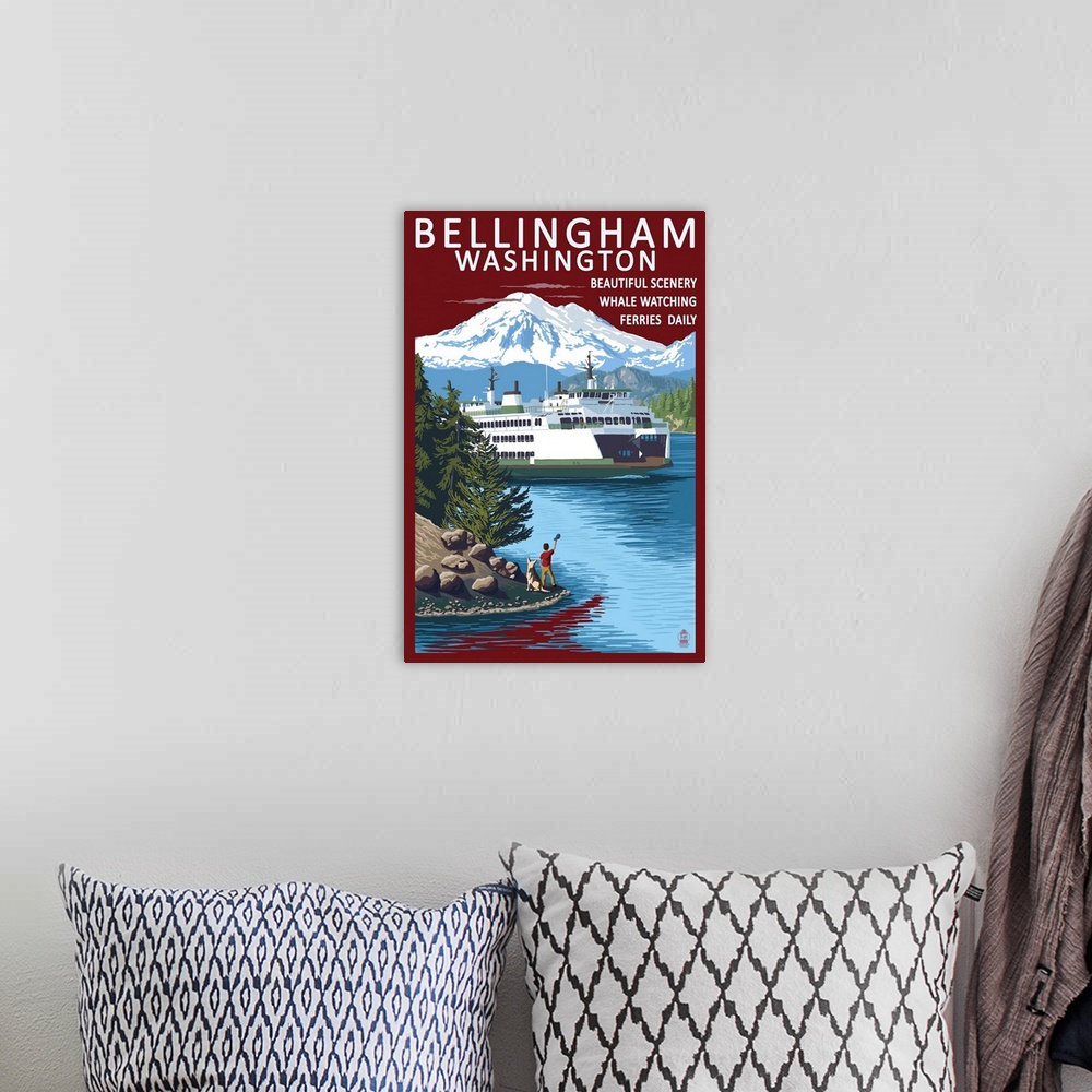 A bohemian room featuring Retro stylized art poster of a ferry in on a river. With snow covered mountains in the background.