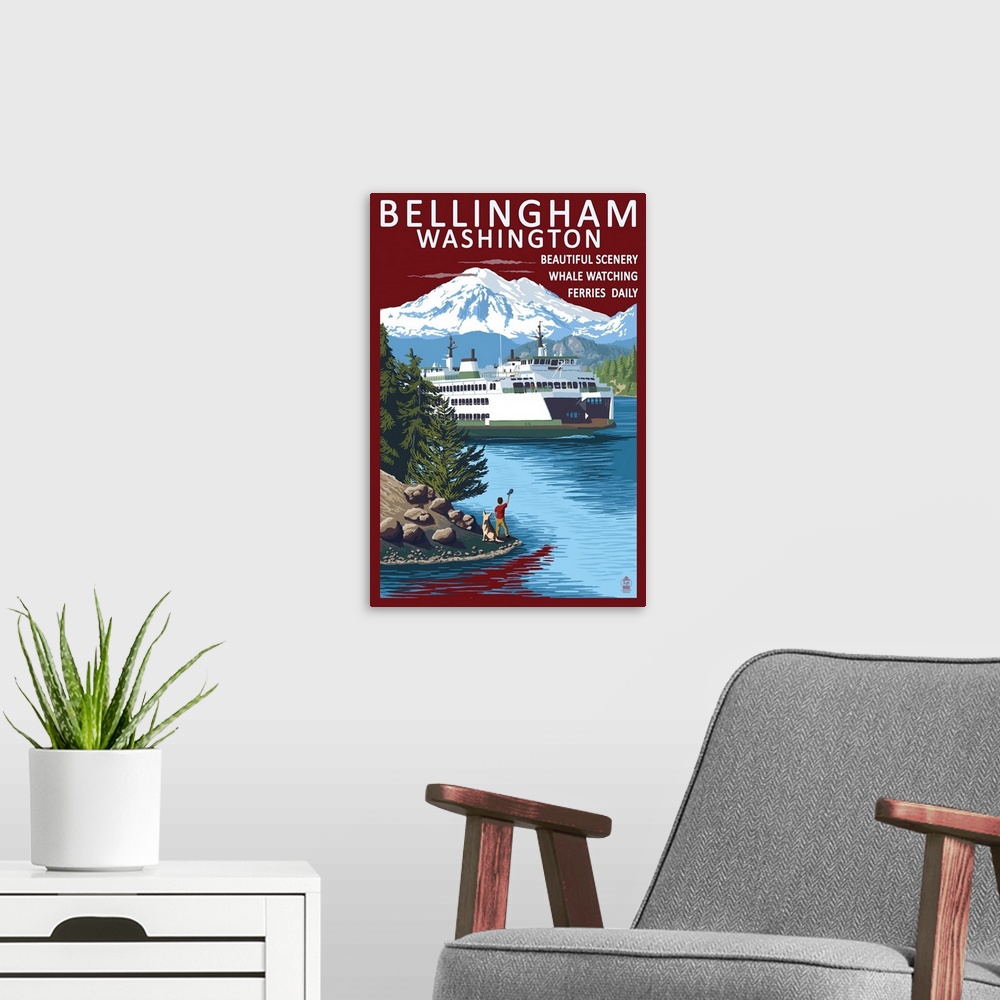 A modern room featuring Retro stylized art poster of a ferry in on a river. With snow covered mountains in the background.