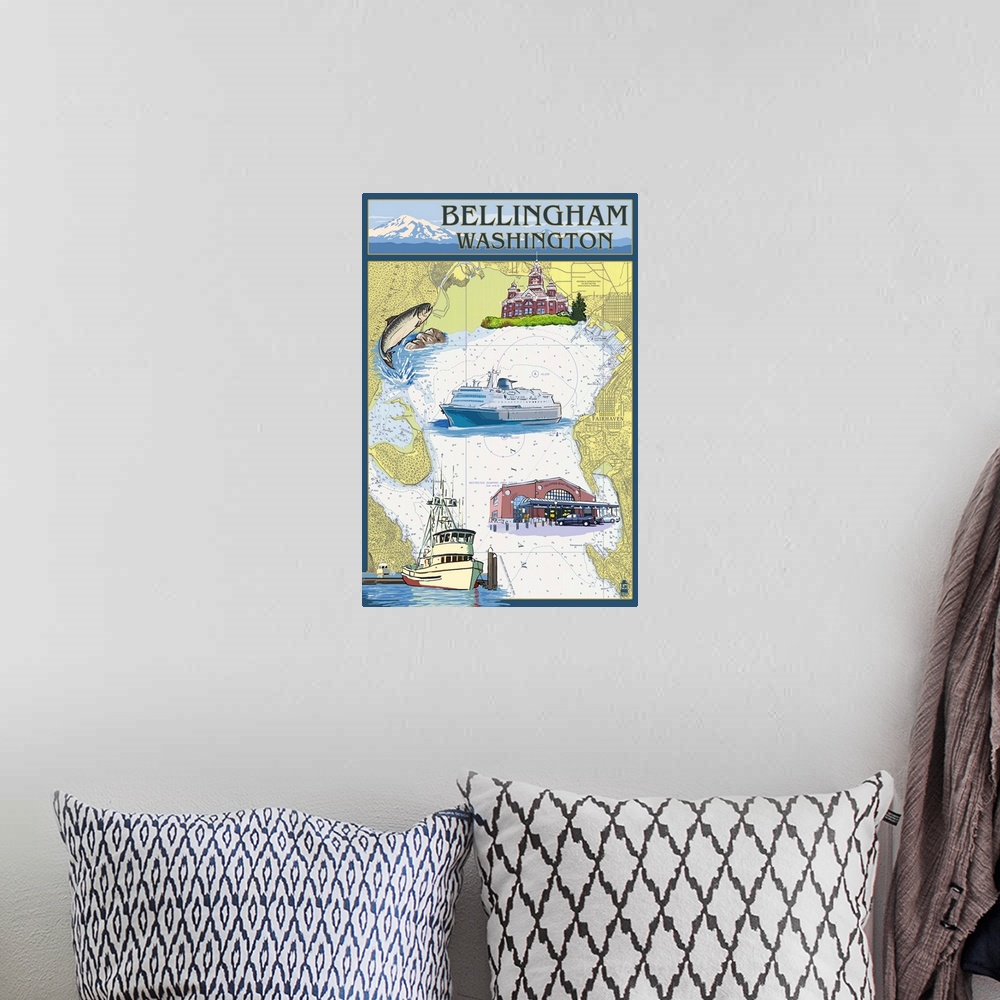 A bohemian room featuring Bellingham, Washington - Nautical Chart: Retro Travel Poster