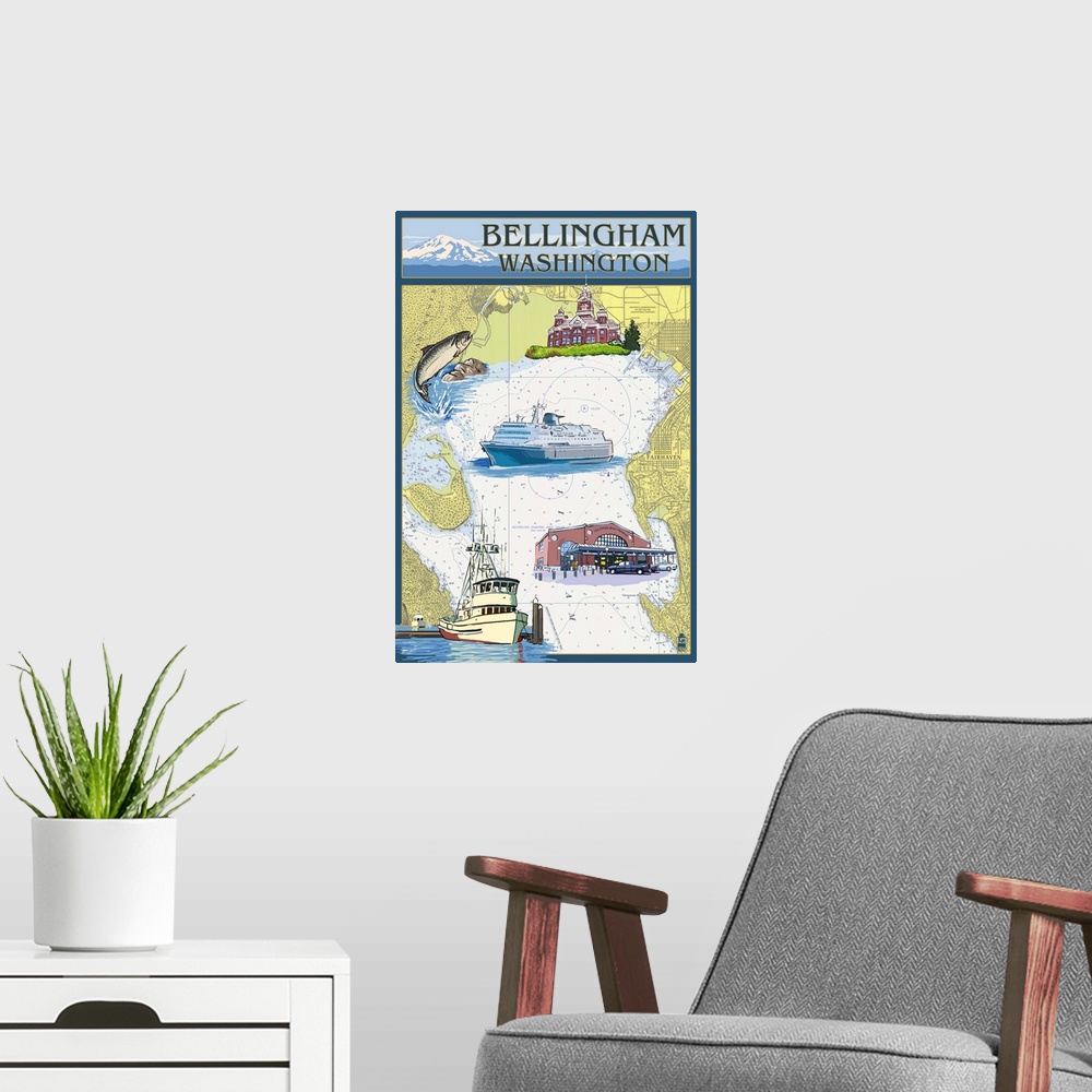 A modern room featuring Bellingham, Washington - Nautical Chart: Retro Travel Poster