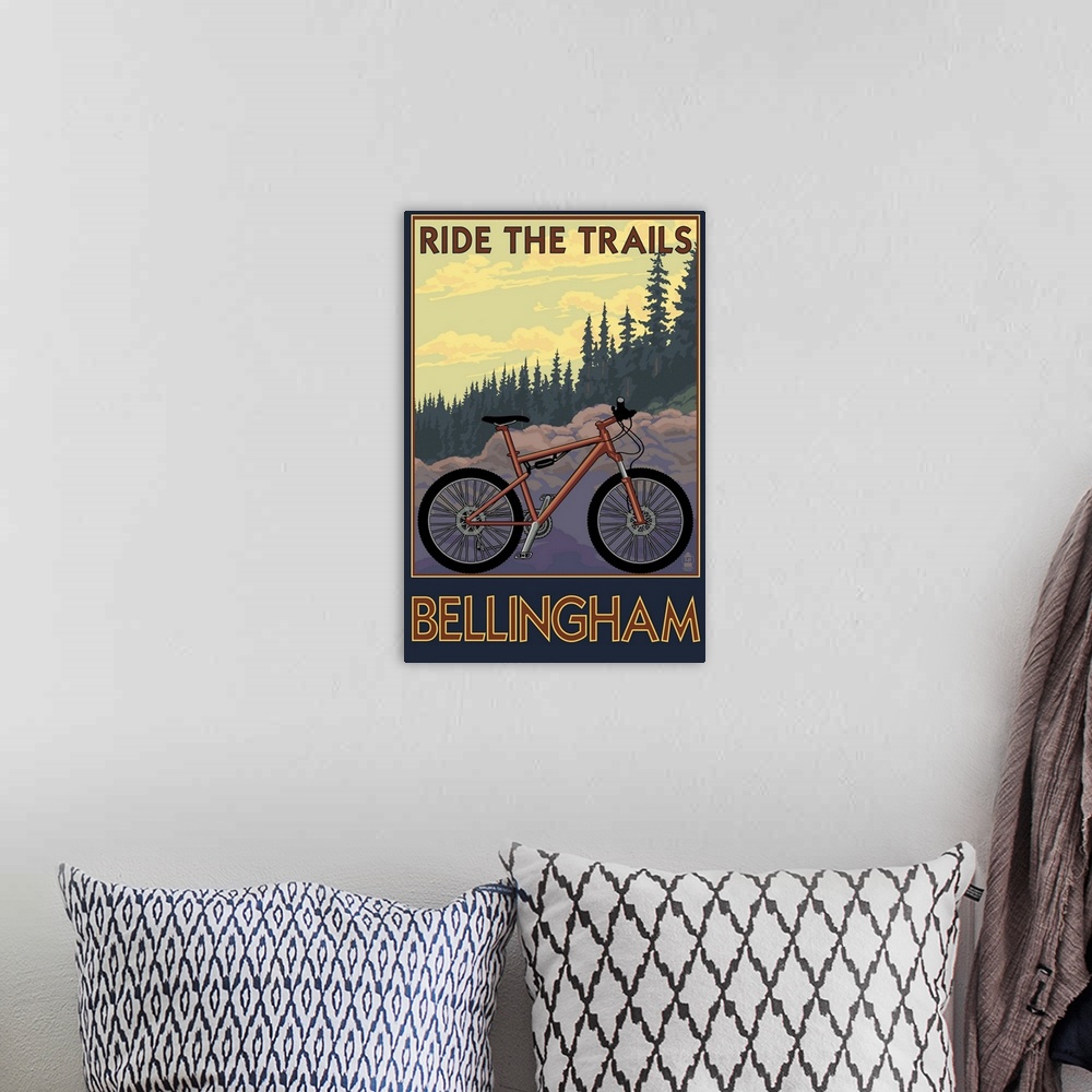 A bohemian room featuring Retro stylized art poster of a mountain bike, with a dense forest in the background.