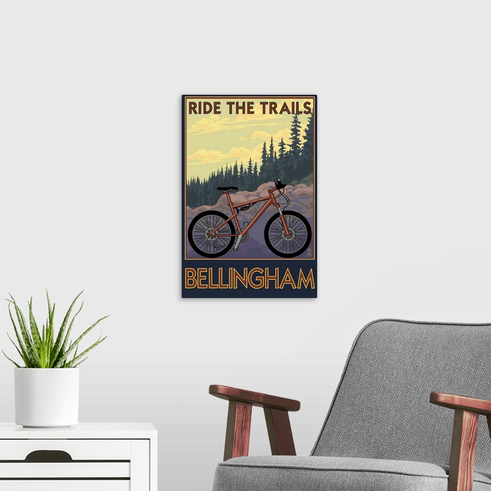 A modern room featuring Retro stylized art poster of a mountain bike, with a dense forest in the background.