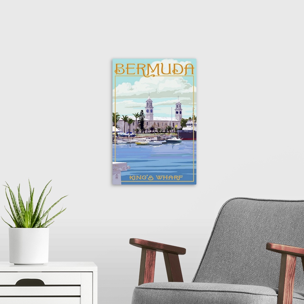 A modern room featuring Retro stylized art poster of a wharf, with boats and architecture.