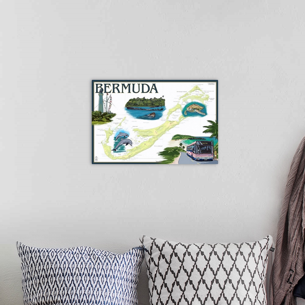 A bohemian room featuring Retro stylized art poster of a map with dolphins and other sights of the location.