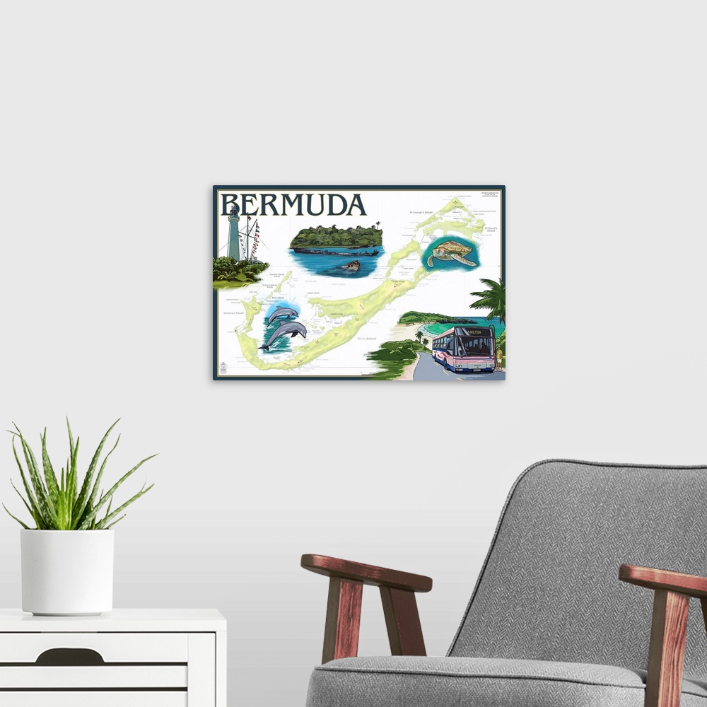 A modern room featuring Retro stylized art poster of a map with dolphins and other sights of the location.