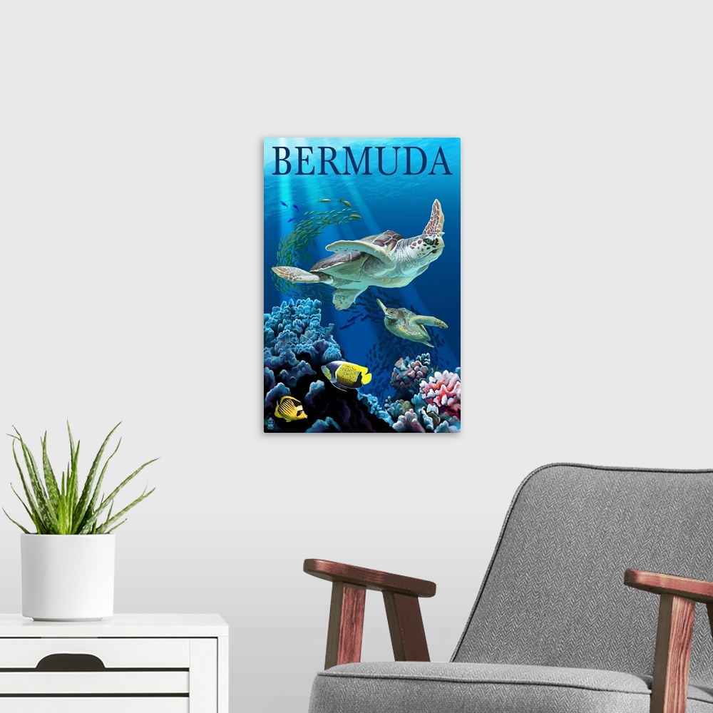 A modern room featuring Bermuda - Sea Turtles: Retro Travel Poster