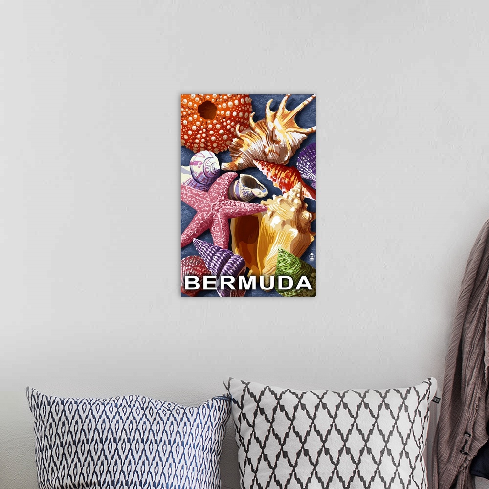 A bohemian room featuring Bermuda - Shells: Retro Travel Poster