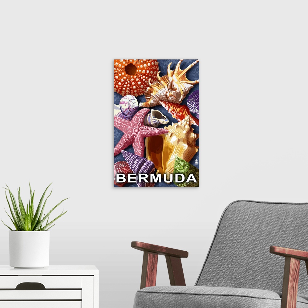 A modern room featuring Bermuda - Shells: Retro Travel Poster