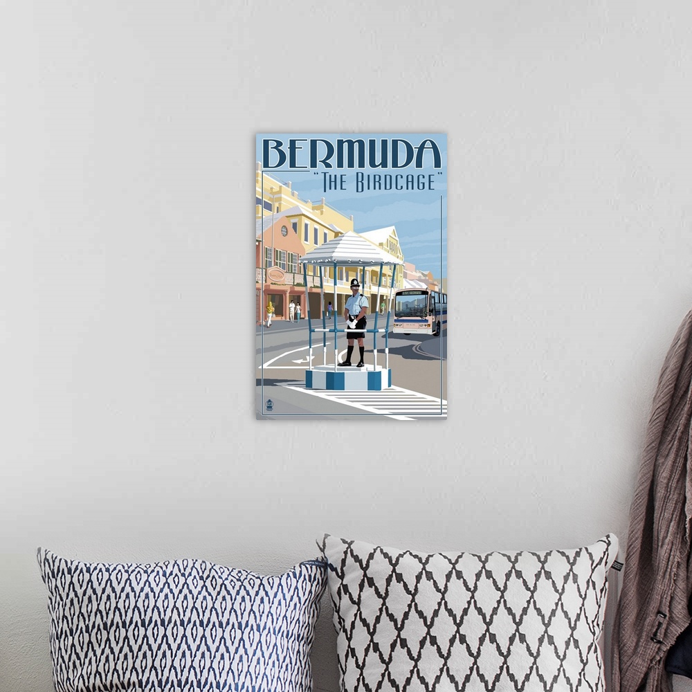 A bohemian room featuring Bermuda - The Birdcage: Retro Travel Poster