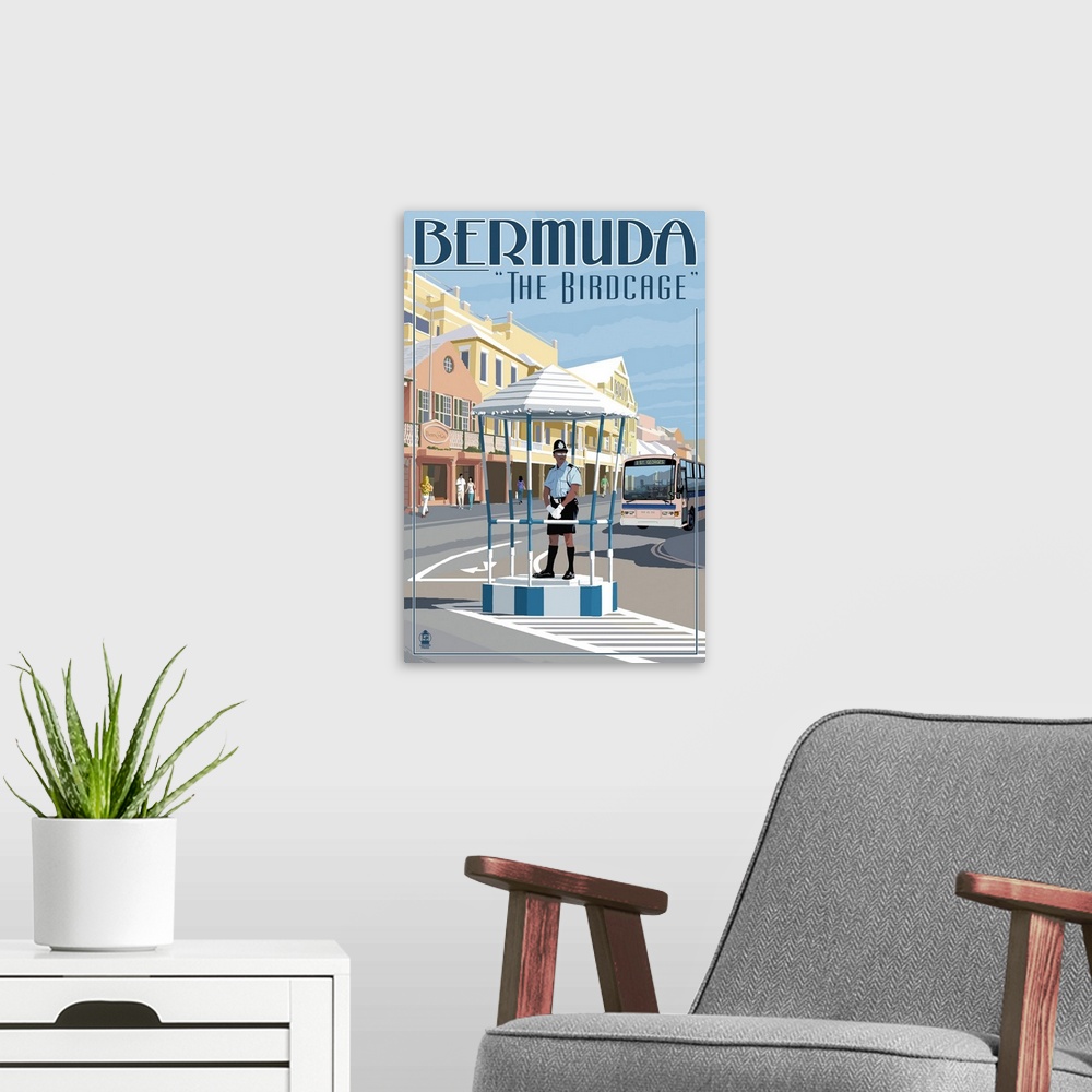 A modern room featuring Bermuda - The Birdcage: Retro Travel Poster