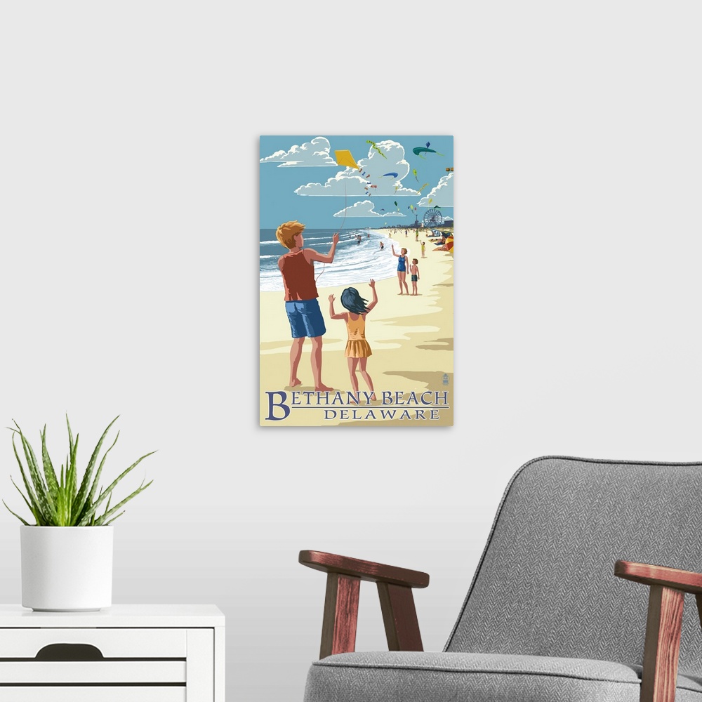 A modern room featuring Bethany Beach, Delaware - Kite Flyers: Retro Travel Poster