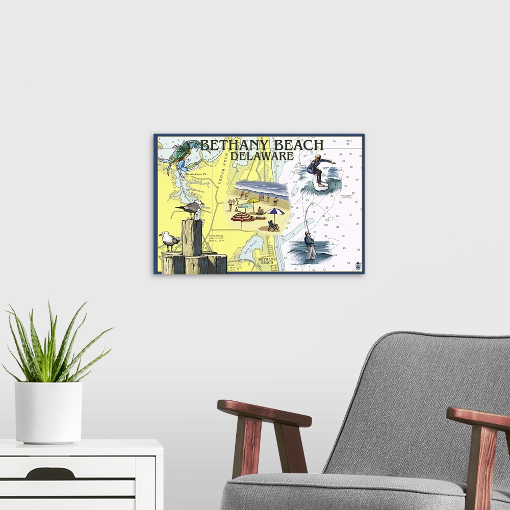 A modern room featuring Bethany Beach, Delaware - Nautical Chart: Retro Travel Poster