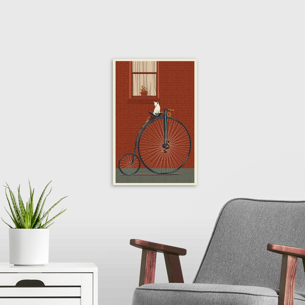 A modern room featuring Bicycle - Letterpress: Retro Art Poster