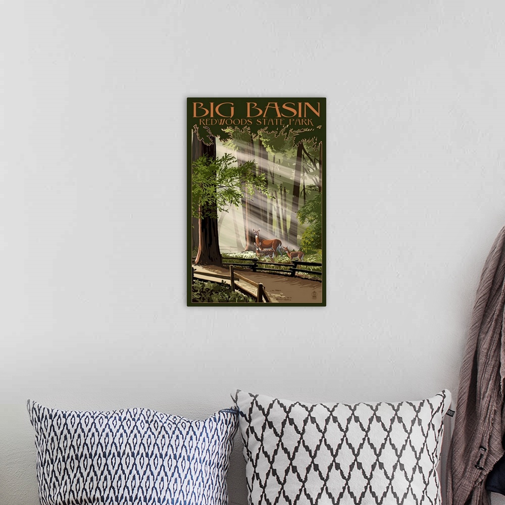 A bohemian room featuring Retro stylized art poster of a family of deer in sunlit forest.