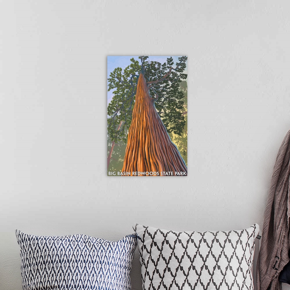 A bohemian room featuring Big Basin Redwoods State Park - Looking up Tree: Retro Travel Poster