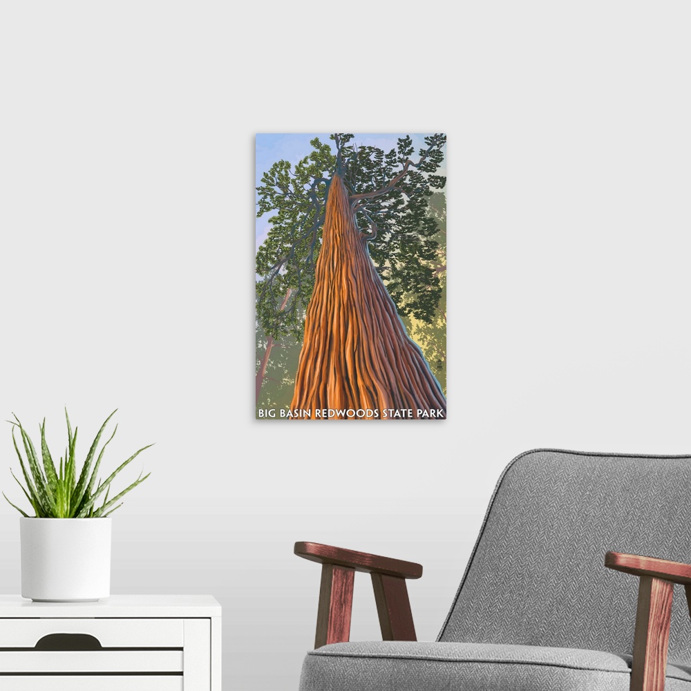 A modern room featuring Big Basin Redwoods State Park - Looking up Tree: Retro Travel Poster