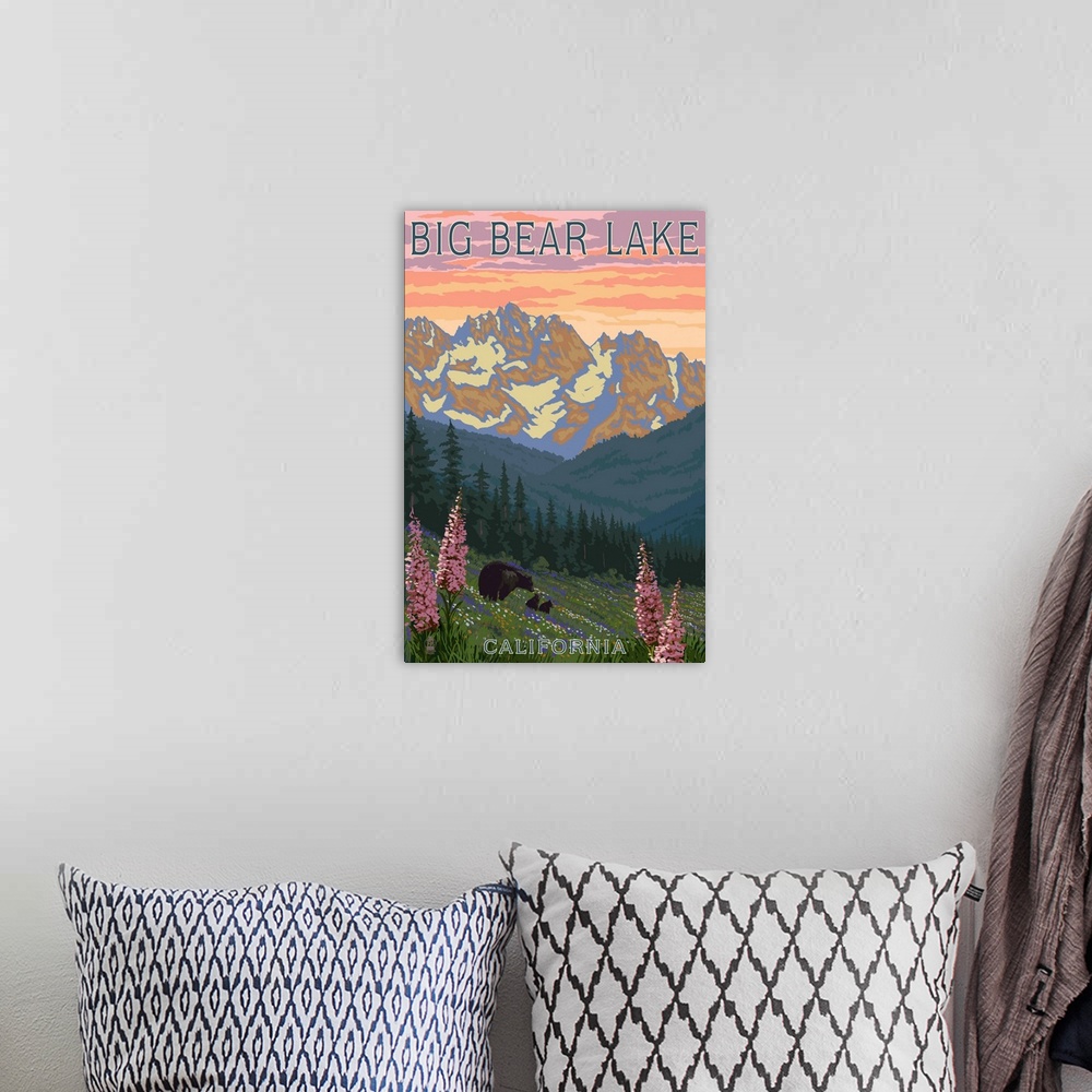 A bohemian room featuring Big Bear Lake, California - Bears and Spring Flowers: Retro Travel Poster