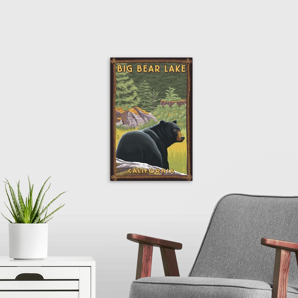 A modern room featuring Big Bear Lake, California - Black Bear in Forest: Retro Travel Poster