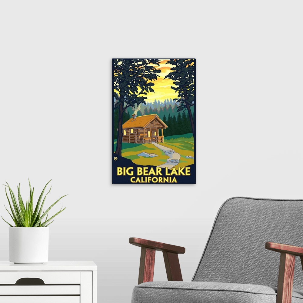 A modern room featuring Big Bear Lake, California -Cabin in the Woods: Retro Travel Poster
