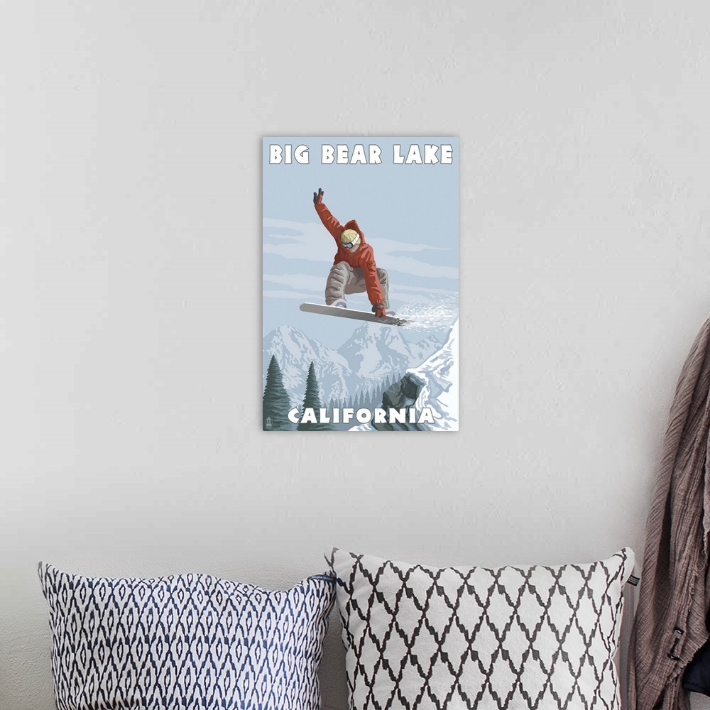 A bohemian room featuring Big Bear Lake - California - Snowboarder Jumping: Retro Travel Poster