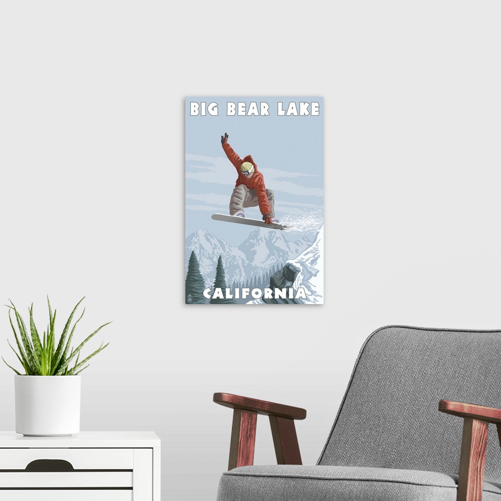 A modern room featuring Big Bear Lake - California - Snowboarder Jumping: Retro Travel Poster