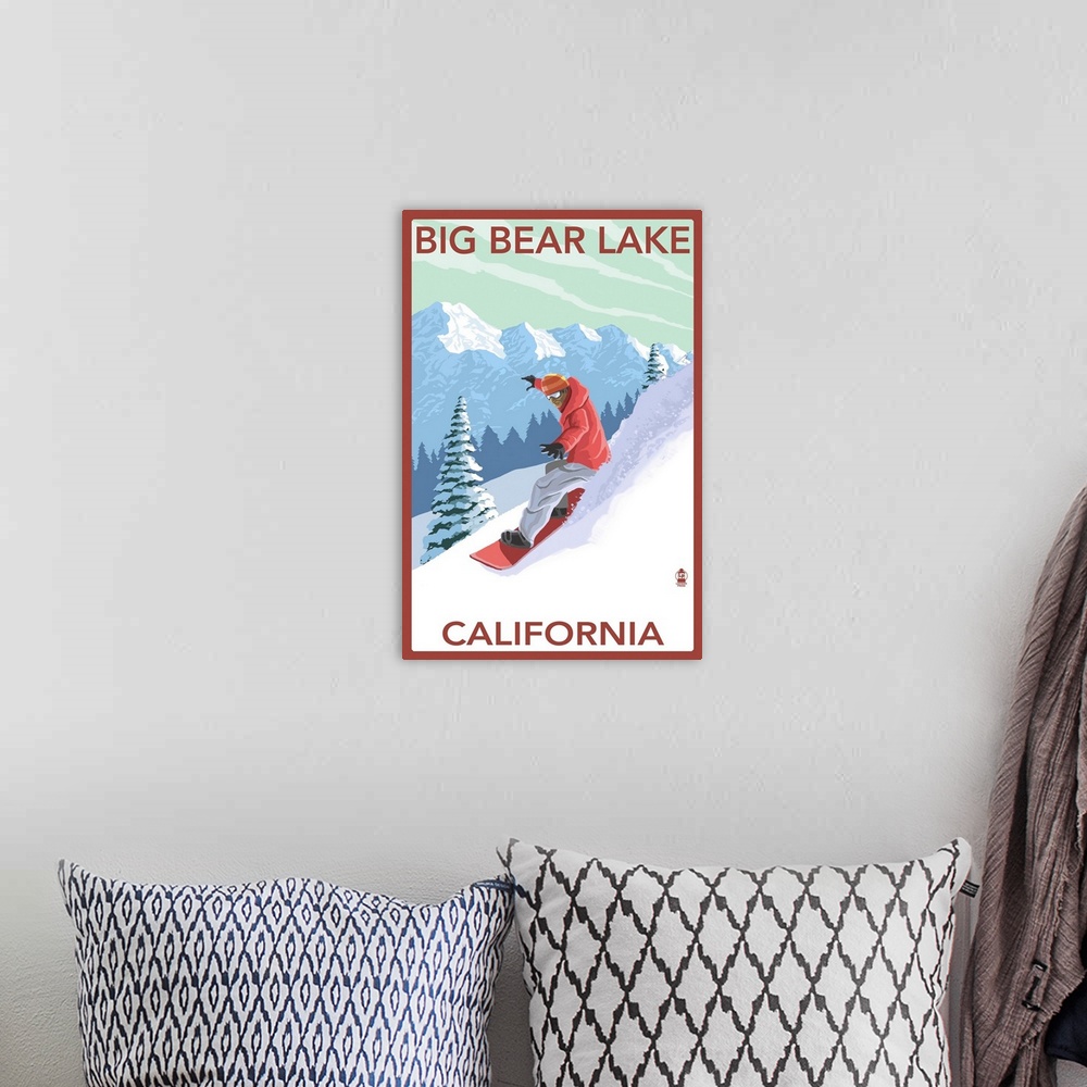 A bohemian room featuring Big Bear Lake - California - Snowboarder: Retro Travel Poster