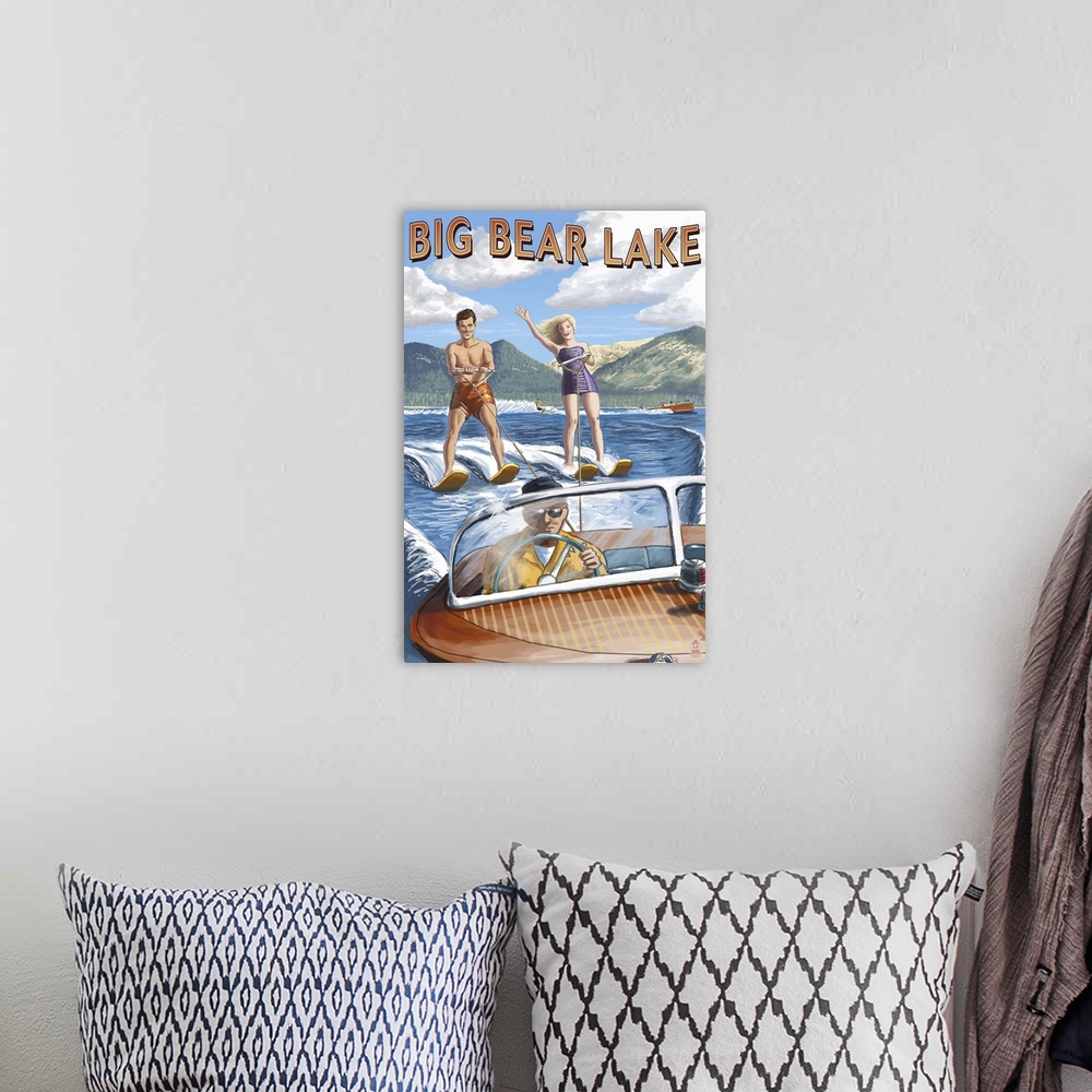 A bohemian room featuring Big Bear Lake, California - Waterskiers: Retro Travel Poster