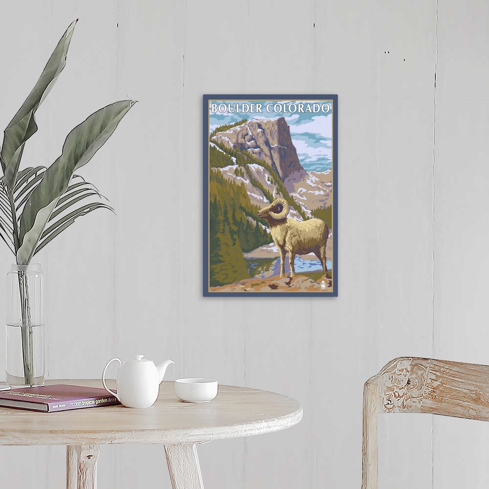 A farmhouse room featuring Big Horn Sheep - Boulder, Colorado: Retro Travel Poster