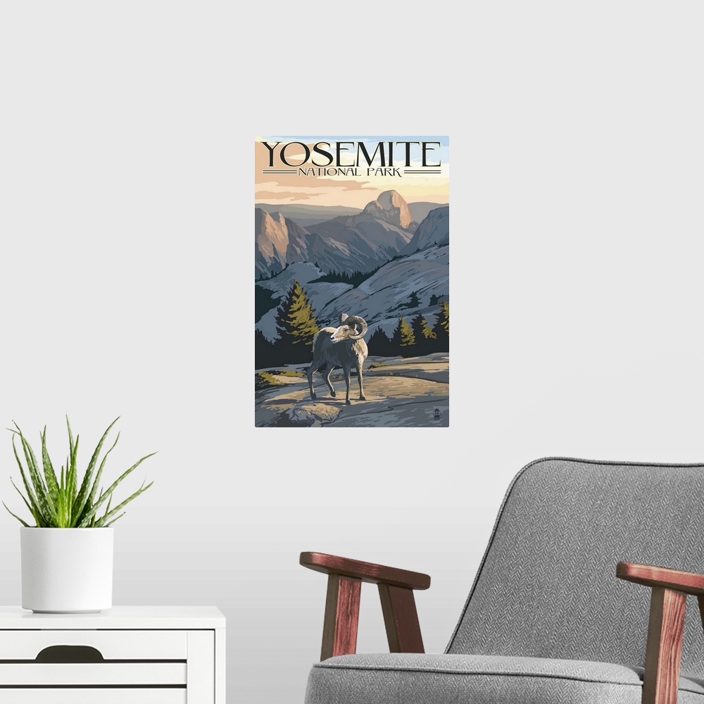 A modern room featuring Big Horn Sheep - Yosemite National Park, California: Retro Travel Poster