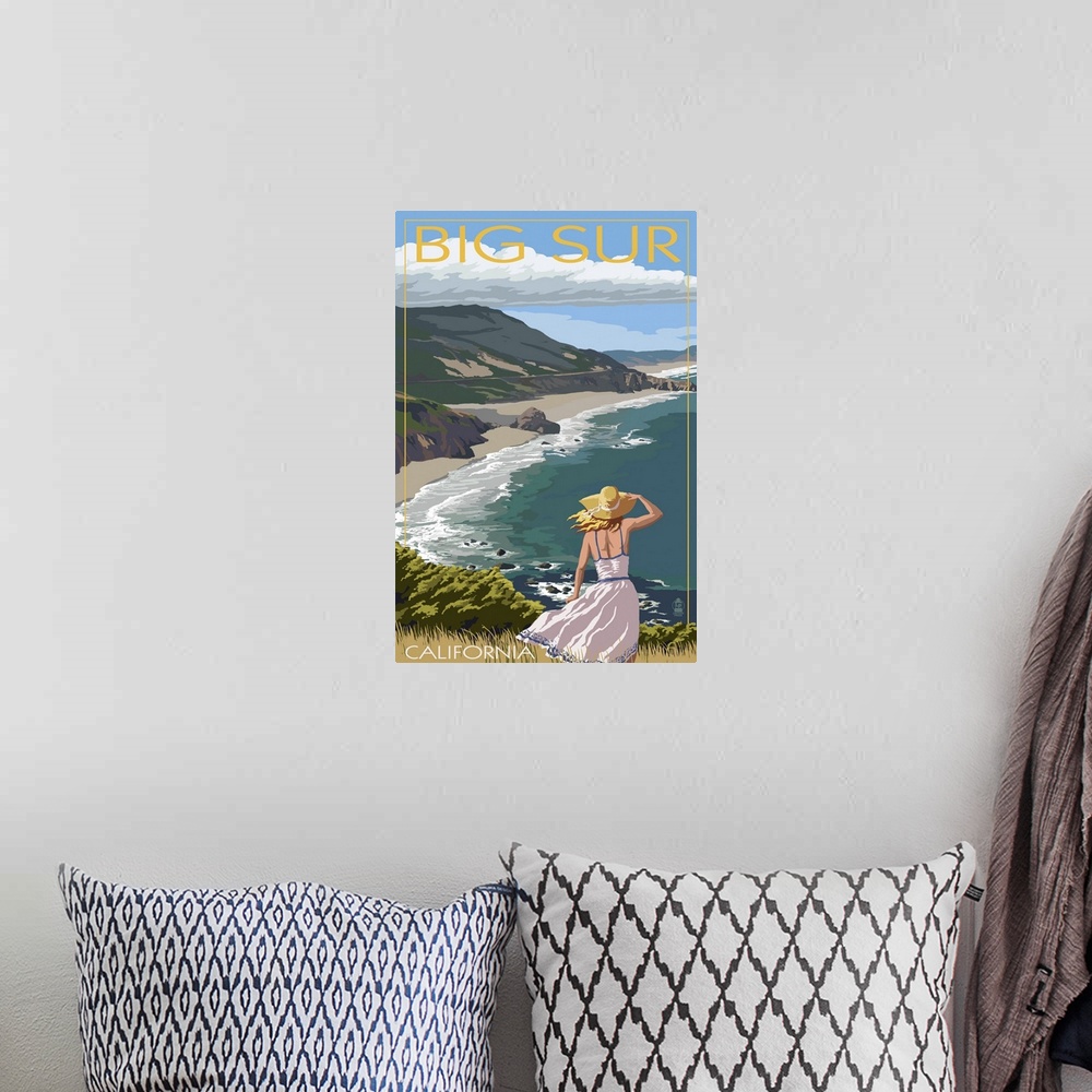 A bohemian room featuring Big Sur, California Coast Scene: Retro Travel Poster