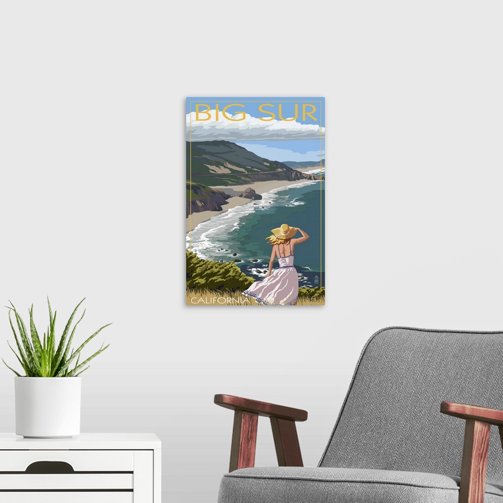 A modern room featuring Big Sur, California Coast Scene: Retro Travel Poster