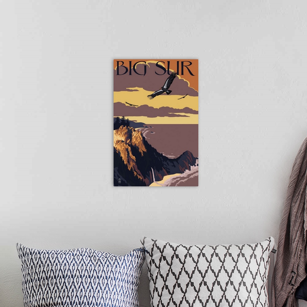 A bohemian room featuring Retro stylized art poster of a beach cliff landscape scene at sunset where vultures circle overhead.