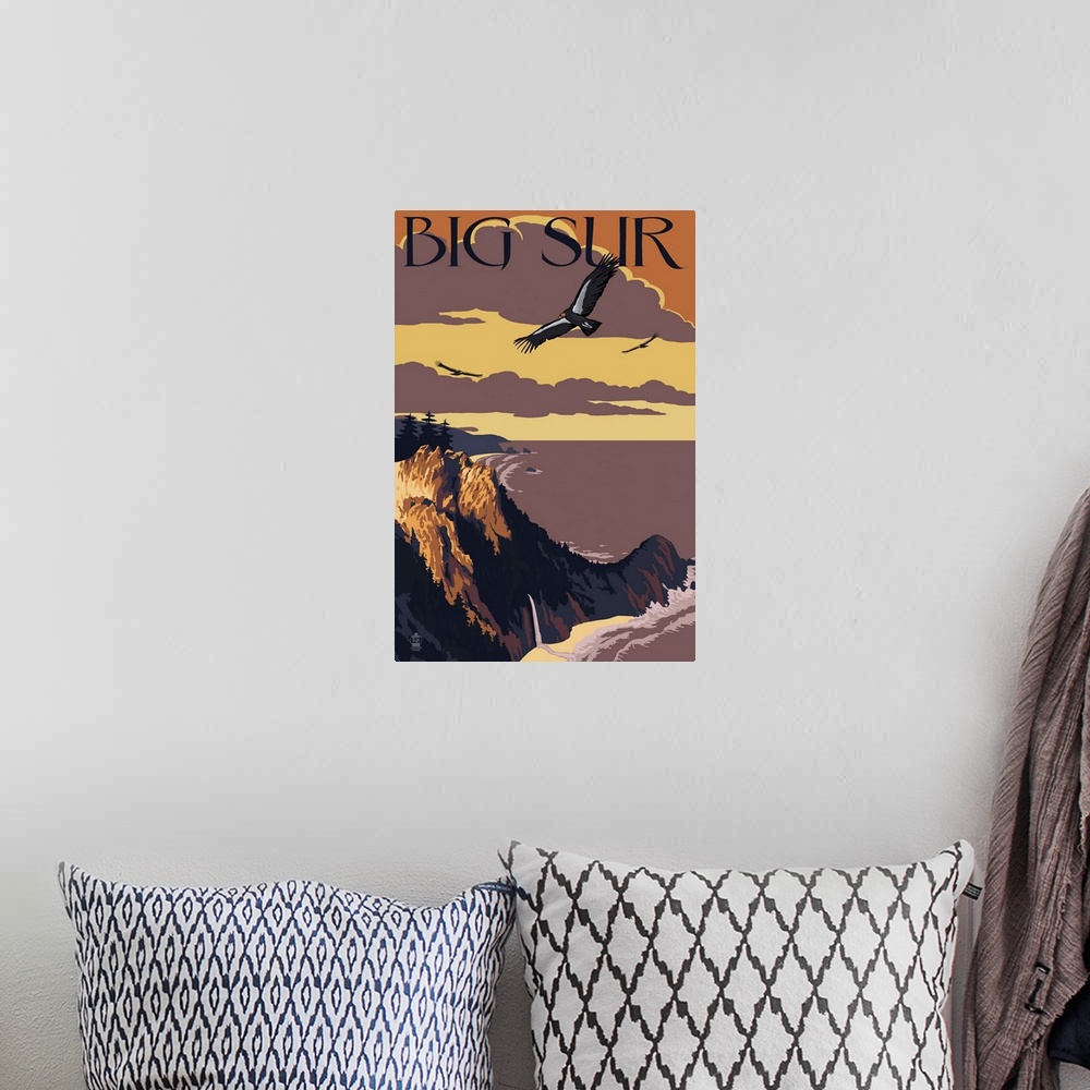 A bohemian room featuring Retro stylized art poster of a beach cliff landscape scene at sunset where vultures circle overhead.
